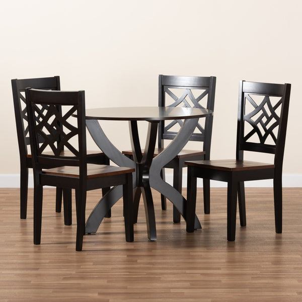 Baxton Studio Baxton Studio 5-Piece Modern Two-Tone Wood Dining Set – Stylish Round Table & Geometric Chairs Anila-Dark Brown/Walnut-5PC Dining Set