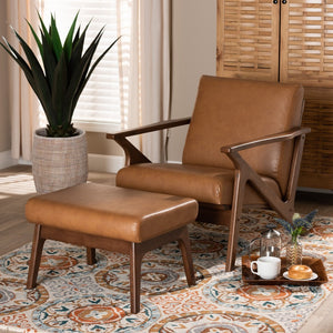 Baxton Studio Baxton Studio Mid-Century Modern Lounge Chair & Ottoman Set in Walnut Brown & Tan Faux Leather Comfort Bianca-Tan/Walnut Brown-2PC Set