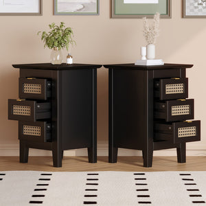 English Elm Wooden Nightstands Set Of 2 With Rattan-Woven Surfaces and Three Drawers, Exquisite Elegance With Natural Storage Solutions For Bedroom, Black