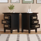 Wooden Nightstands Set of 2 with Rattan-Woven Surfaces, 3 Drawers - Elegant Natural Bedroom Storage