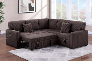 English Elm Modern Corduroy Sectional Sofa with Storage Pull Out Bed and Usb Charging Port B011S02172