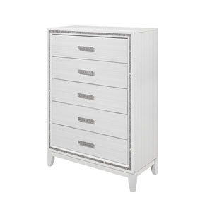 English Elm ALMERA Glam Transitional 5-Drawer Chest with Glitter Finish, Solid Wood & MDF Construction, Elegant Storage White 37.64 L x 18.58 W x 48.35 H B201P226183