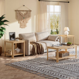 English Elm Rounded Square End Tables Set of 2 Boho Walnut with Wave Legs and Open Shelf W5563P449957