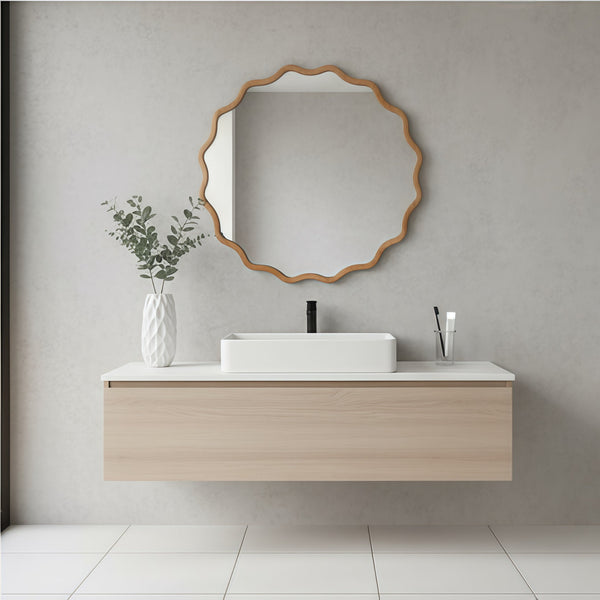 English Elm Natural Wood 30in Wavy Round Solid Wood Frame Decorative Mirror – Rustic Elegant Boho Vanity Accent W2203P389072