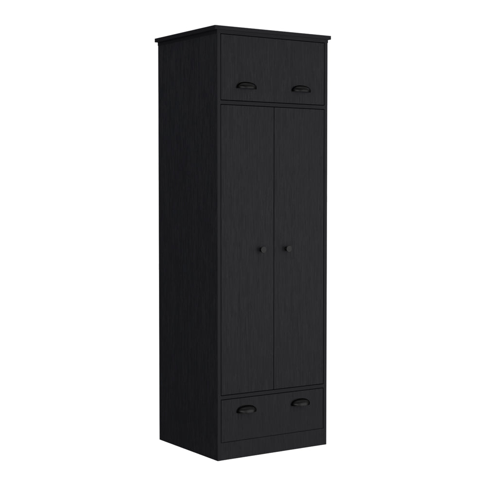 English Elm Falkland Armoire with Spacious Double-Door Storage, Hanging Rod, Upper Hinged Drawer & Chic Handles Black 73 L x 24 W x 3 H B200S00369