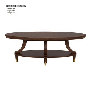 English Elm Modern Oval Cocktail Table with Dark Wood Finish, Gold-Capped Legs & Poplar Burl Trim for Living Rooms Cherry 31 L x 55 W x 7 H B2741P392075