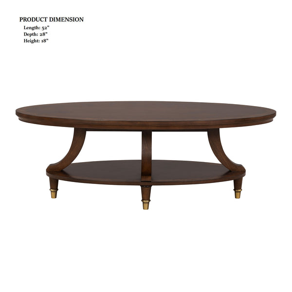 English Elm Modern Oval Cocktail Table with Dark Wood Finish, Gold-Capped Legs & Poplar Burl Trim for Living Rooms Cherry 31 L x 55 W x 7 H B2741P392075