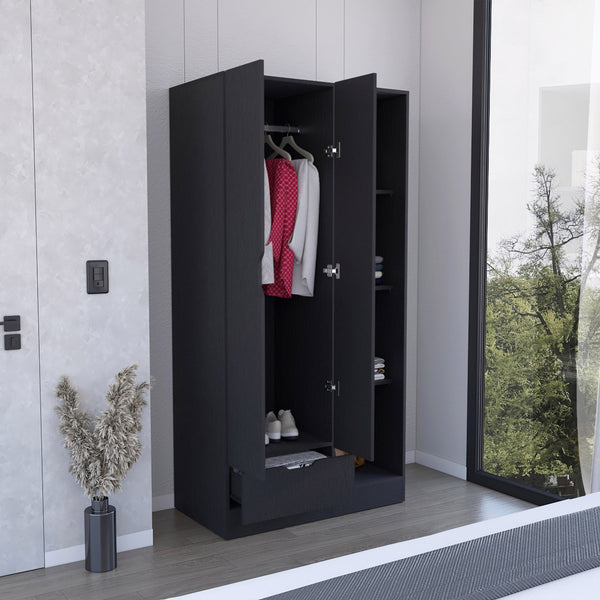 English Elm Memphis Wardrobe Armoire with Double Doors, Built-In Rod, Four Shelves & Spacious Lower Drawer Black 40 L x 23 W x 3 H B200S00286