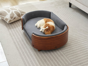 English Elm Scandinavian Mid-century Pet Sofa with Walnut Bentwood Back and Navy Velvet Cushion Dark Grey W794125938