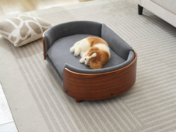 English Elm Scandinavian Mid-century Pet Sofa with Walnut Bentwood Back and Navy Velvet Cushion Dark Grey W794125938