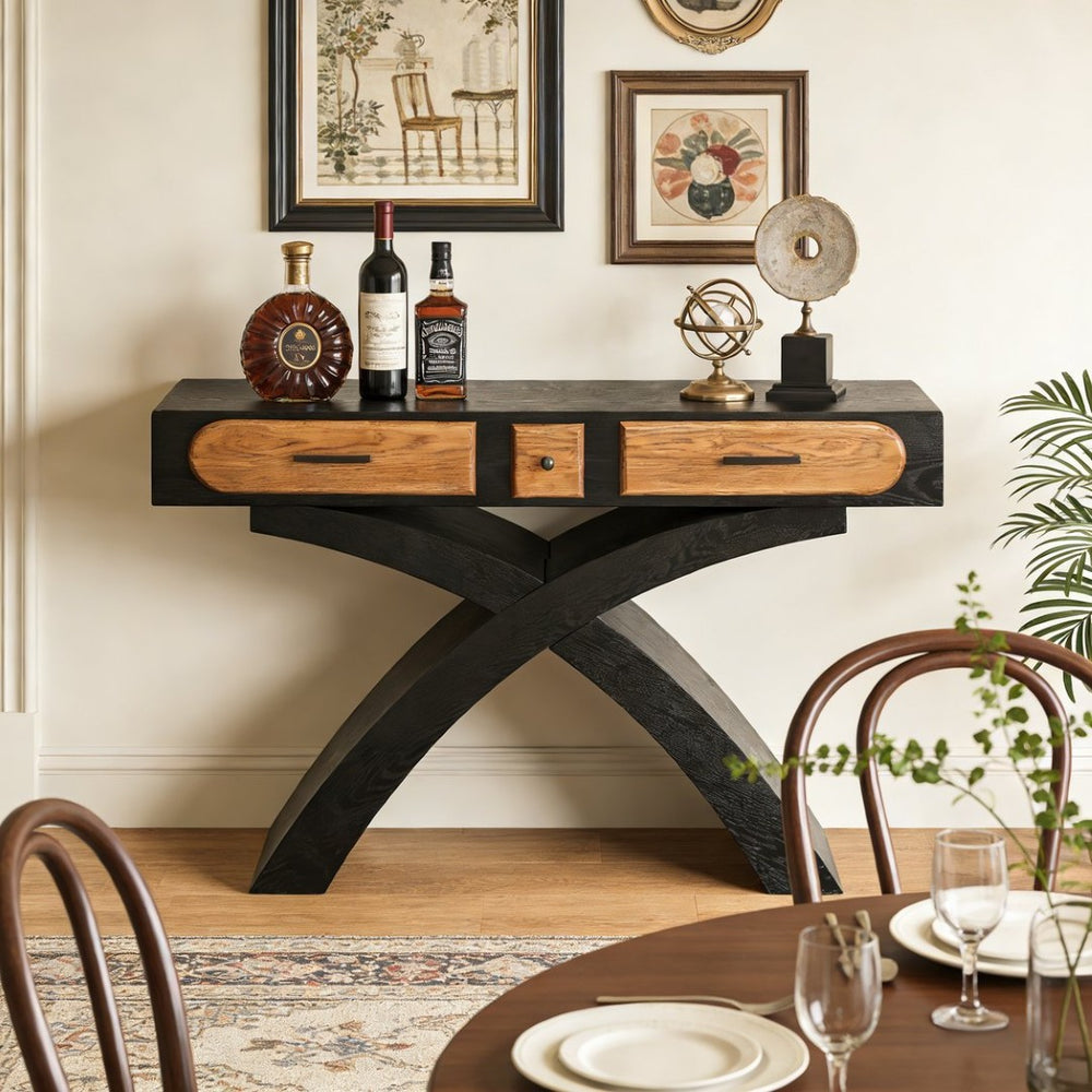 English Elm Ashwood Veneered Console Table with X Frame Legs and Two Drawers for Entryway Decor W3040P455738