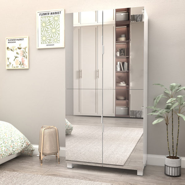 English Elm 8 Tier Shoe Cabinet with Mirrored Door, 32-Pair Organizer, Space-Saving MDF Storage for Entryway W3128P281588