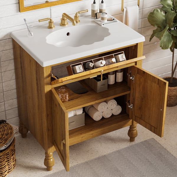 English Elm Christopher Knight Home® - 30-Inch Walnut Vanity with Seashell Resin Sink, Flip-Up Organizer, Soft-Close Doors & Legs Brown N765P33417576B