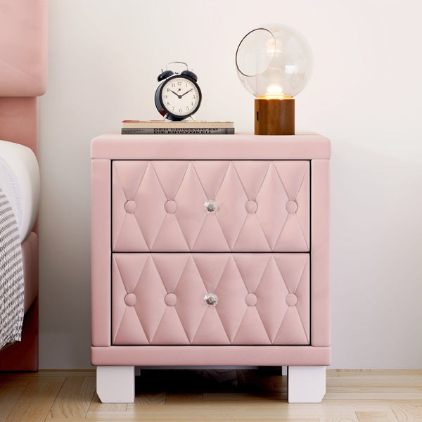 English Elm Elegant Velvet Upholstered Nightstand with Crystal Knobs Tufted Glam Bedside Storage Pink N733P210398H