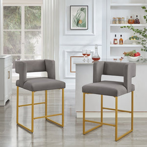 English Elm Modern Velvet Counter Stools Set of Two with Gold Iron Frame and Square Open Back Dark Gray W2186P171943