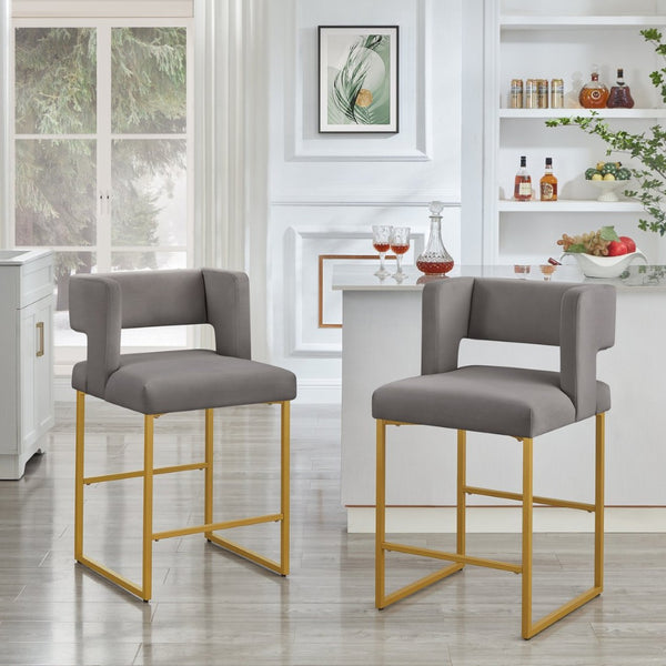 English Elm Modern Velvet Counter Stools Set of Two with Gold Iron Frame and Square Open Back Dark Gray W2186P171943