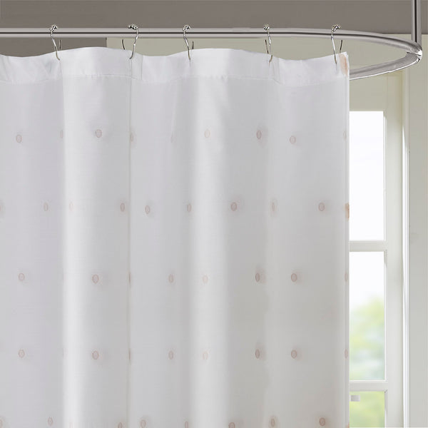JLA Home Madison Park - Shower Curtain with Soft Fabric Pom-Poms on White Ground — Textured, Machine-Washable 72"x72" Blush MP70-7471