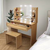 English Elm Vanity Desk Set Stool & Dressing Table With Led Lighting Mirror Drawer and Compartments Modern Wood Cosmetic Table Chest Of Drawers Nature Color