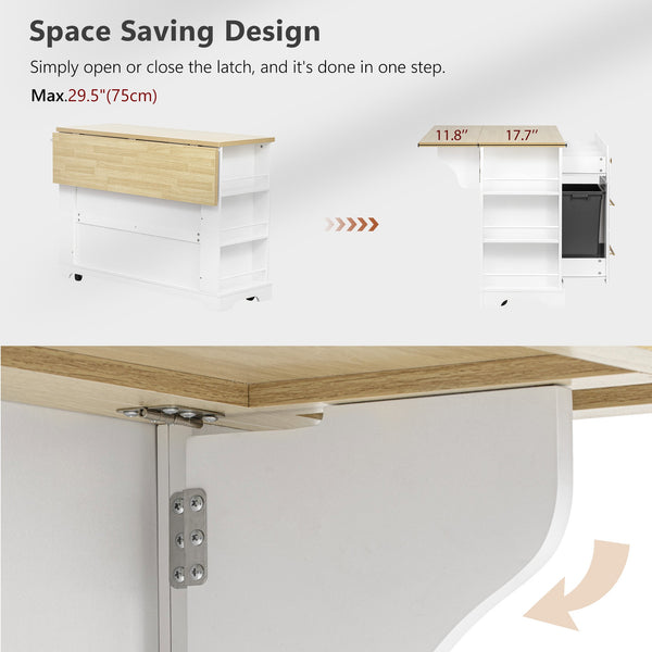 English Elm K&K Rustic Kitchen Island Cart with 6 Drawers, Pull-Out Trash Cabinet, Drop Leaf & Built-In Charging Station White N707P307292W