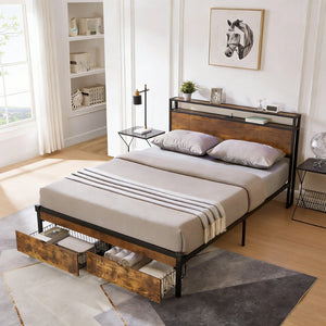 English Elm Queen Storage Bed Wood Headboard Metal Frame Usb Charging Two Under Drawer Bedroom W311S00063