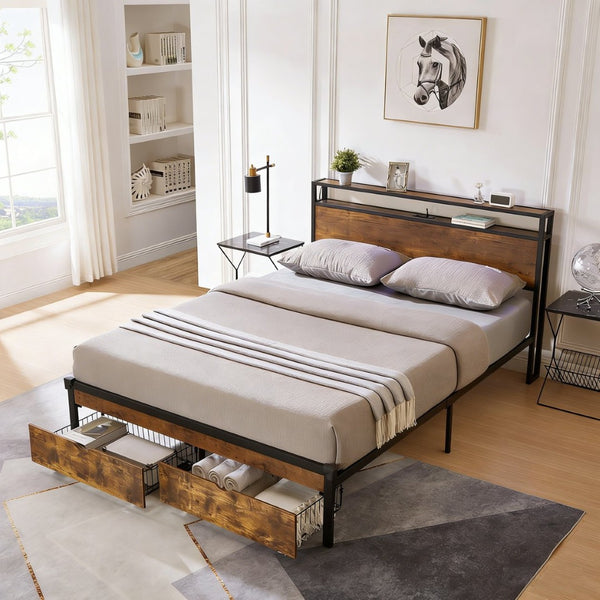 English Elm Queen Storage Bed Wood Headboard Metal Frame Usb Charging Two Under Drawer Bedroom W311S00063