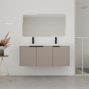 English Elm 48" Modern Wall-Mounted Bathroom Vanity With Double Sink, Soft-Close Doors & Stylish Wavy Panels W999S00353