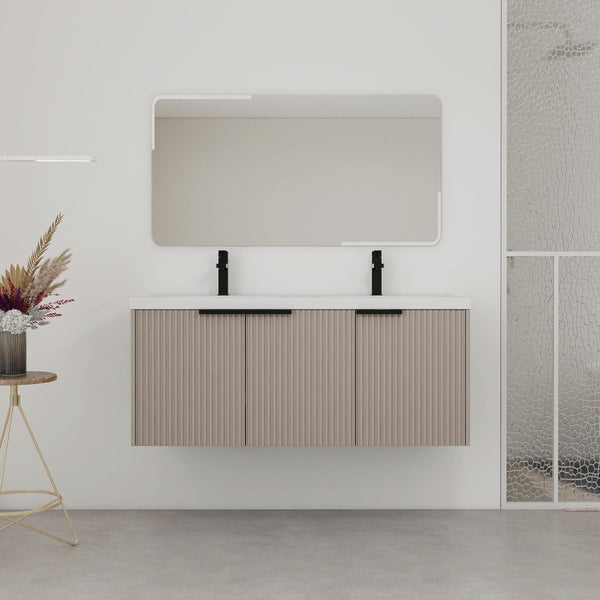 English Elm 48" Modern Wall-Mounted Bathroom Vanity With Double Sink, Soft-Close Doors & Stylish Wavy Panels W999S00353