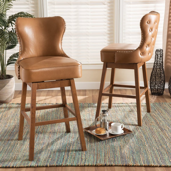 Baxton Studio Baxton Studio Swivel Bar Stool Set - Modern Tan Faux Leather & Walnut Wood, Glamorous Design! BBT5246B-Tan/Walnut-BS