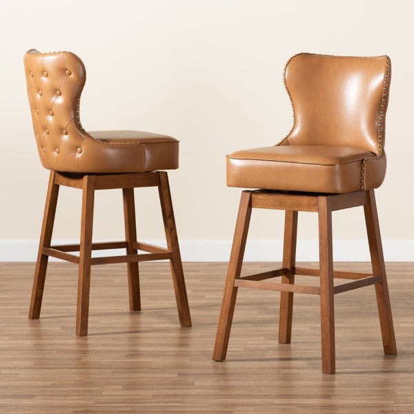 Baxton Studio Baxton Studio Swivel Bar Stool Set - Modern Tan Faux Leather & Walnut Wood, Glamorous Design! BBT5246B-Tan/Walnut-BS