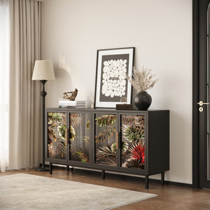 English Elm 60.3" Black Buffet Cabinet with Tropical Glazed Glass Doors, 4-Door Storage Console for Living Room W2263P367671