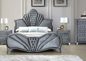 English Elm Dante Gray Velvet Queen Bed with Crystal Tufting, Padded Headboard, 13 Slats & Chrome Legs B2726S00285
