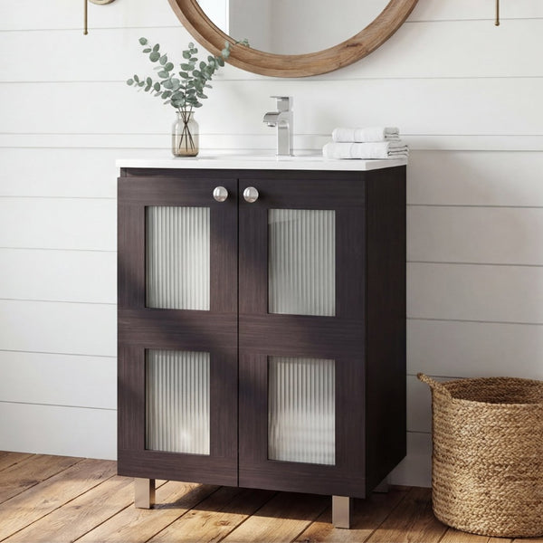 English Elm Haysi Frosted Glass Bathroom Vanity with Resin Sink and Shelved Storage Cabinet B070S00415