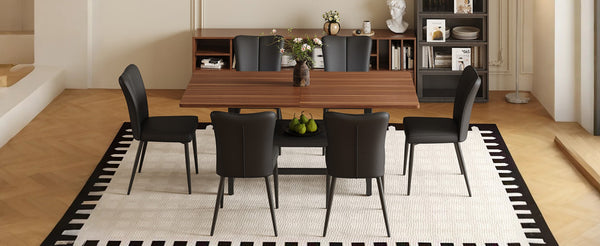 English Elm Table Set: Stylish Walnut Grain Dining Table With 6 Ergonomic Black Pu Chairs For Modern Homes W1151S04286-GIGA