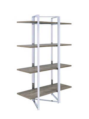 English Elm Libby Modern Chrome & Oak Etagere Bookshelf with 4 Open Wooden Shelves, Freestanding Storage Solution B2726P285841