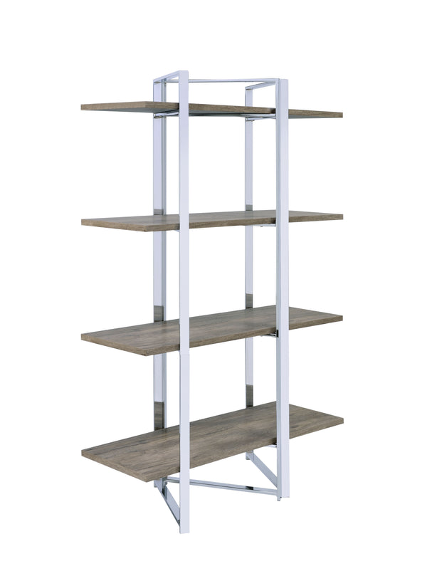 English Elm Libby Modern Chrome & Oak Etagere Bookshelf with 4 Open Wooden Shelves, Freestanding Storage Solution B2726P285841