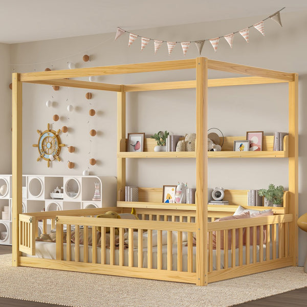 English Elm Full House Floor Bed with Door and Guardrails for Kids, Solid Wood Double Full, Safe Play Nook Natural W1580P359334