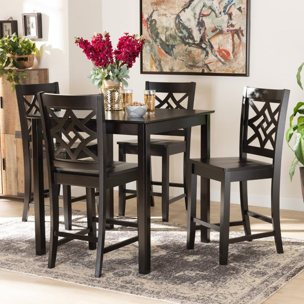 Baxton Studio Baxton Studio Nicolette 5-Piece Pub Set – Modern Dark Brown Wood Table & Ergonomic Stools for Dining RH340P-Dark Brown-5PC Pub Set