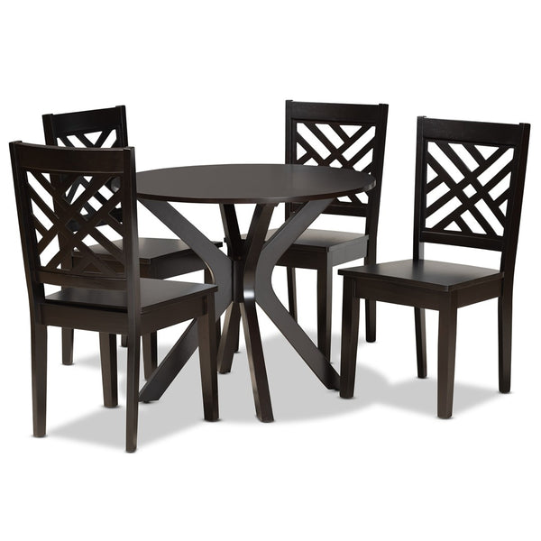 Baxton Studio Baxton Studio Ela 5-Piece Dark Brown Wood Dining Set - Modern Circular Table & Stylish Chairs Ela-Dark Brown-5PC Dining Set