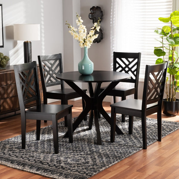 Baxton Studio Baxton Studio Ela 5-Piece Dark Brown Wood Dining Set - Modern Circular Table & Stylish Chairs Ela-Dark Brown-5PC Dining Set