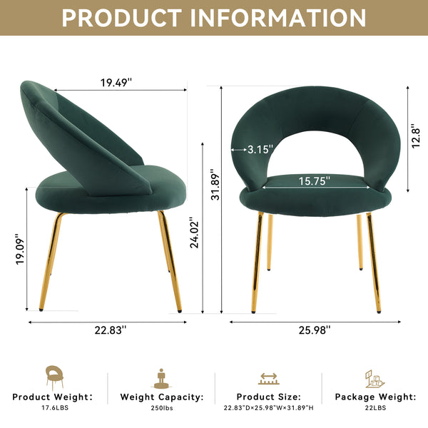 English Elm 061-Set Of 1 Elegant Green Velvet Dining Chair With Curved Backrest & Golden Metal Legs For Style W527P255476