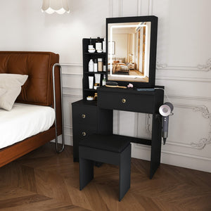 English Elm Modern Vanity Desk with Led Lighting Four Drawers Glossy Mdf and Dressing Chair W509P465829
