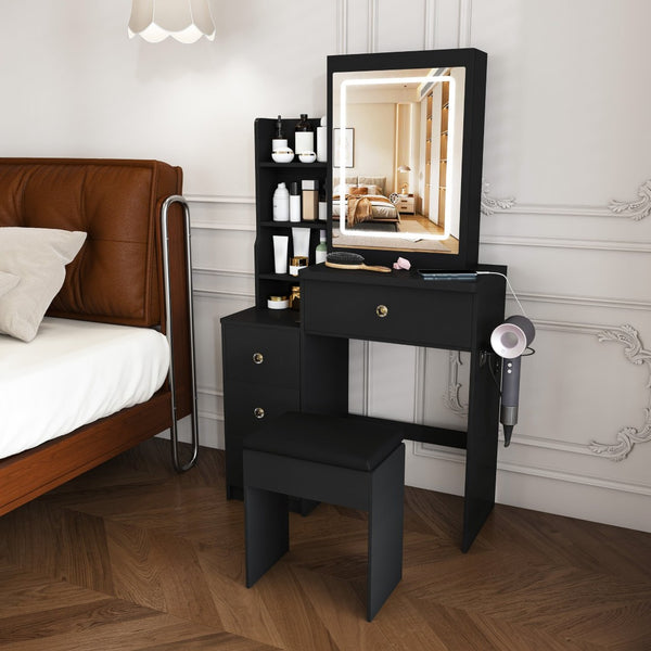 English Elm Modern Vanity Desk with Led Lighting Four Drawers Glossy Mdf and Dressing Chair W509P465829