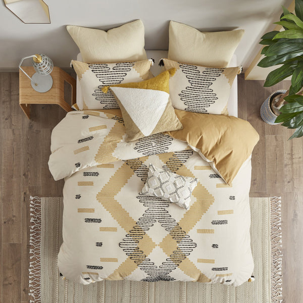 English Elm Full/Queen Arizona 3-Piece Cotton Duvet Cover Set with Yellow-Grey Geometric Print, Tassels & Ties B035129127