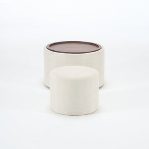 English Elm Ball Cast Round Nesting Ottoman Set Linen Upholstered Hidden Storage with Wooden Tray Beige W3163P379373