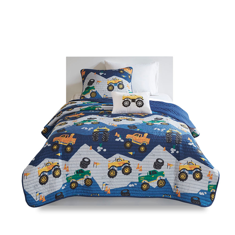 JLA Home Mi Zone Kids - Monster Reversible Quilt Set with Monster Truck Applique Pillow, Hypoallergenic, Machine Washable Freshness 86 L x 66 W x 0.25H MZK13-166