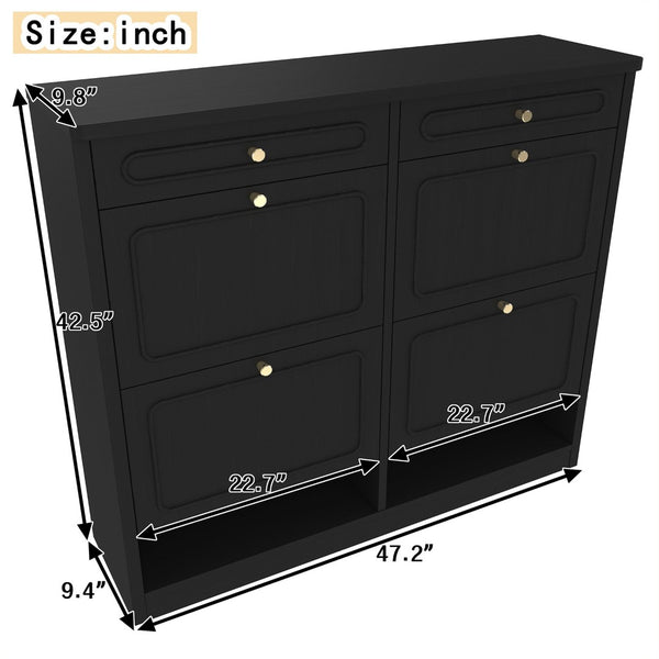 English Elm Wooden Farmhouse Entryway Shoe Cabinet with Six Drawers for Organized Hallway Storage Black W1580P402824