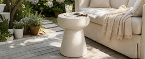 English Elm U_style Sculptural Mushroom Pedestal Table Travertine Mgo Stone Look Patio Accent Beige N711P422070K