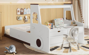 English Elm Twin Car Shaped Floor Bed with Storage Drawers and Built in Desk for Kids W1580P396323