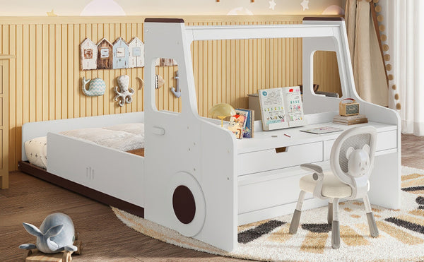 English Elm Twin Car Shaped Floor Bed with Storage Drawers and Built in Desk for Kids W1580P396323