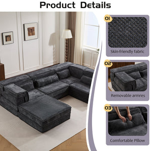 English Elm Compression Mahjong Sofa - Oversized Modular Floor Bed With Ottoman, No Assembly, Soft Fleece Fabric W3723S00037